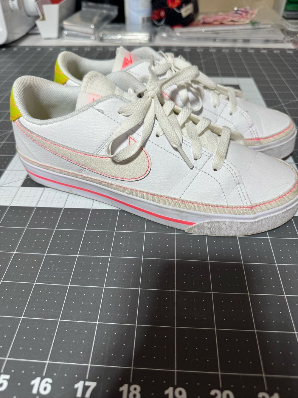 Nike Women's White Leather Low-Top Sneakers with Pink and Lime Accents
